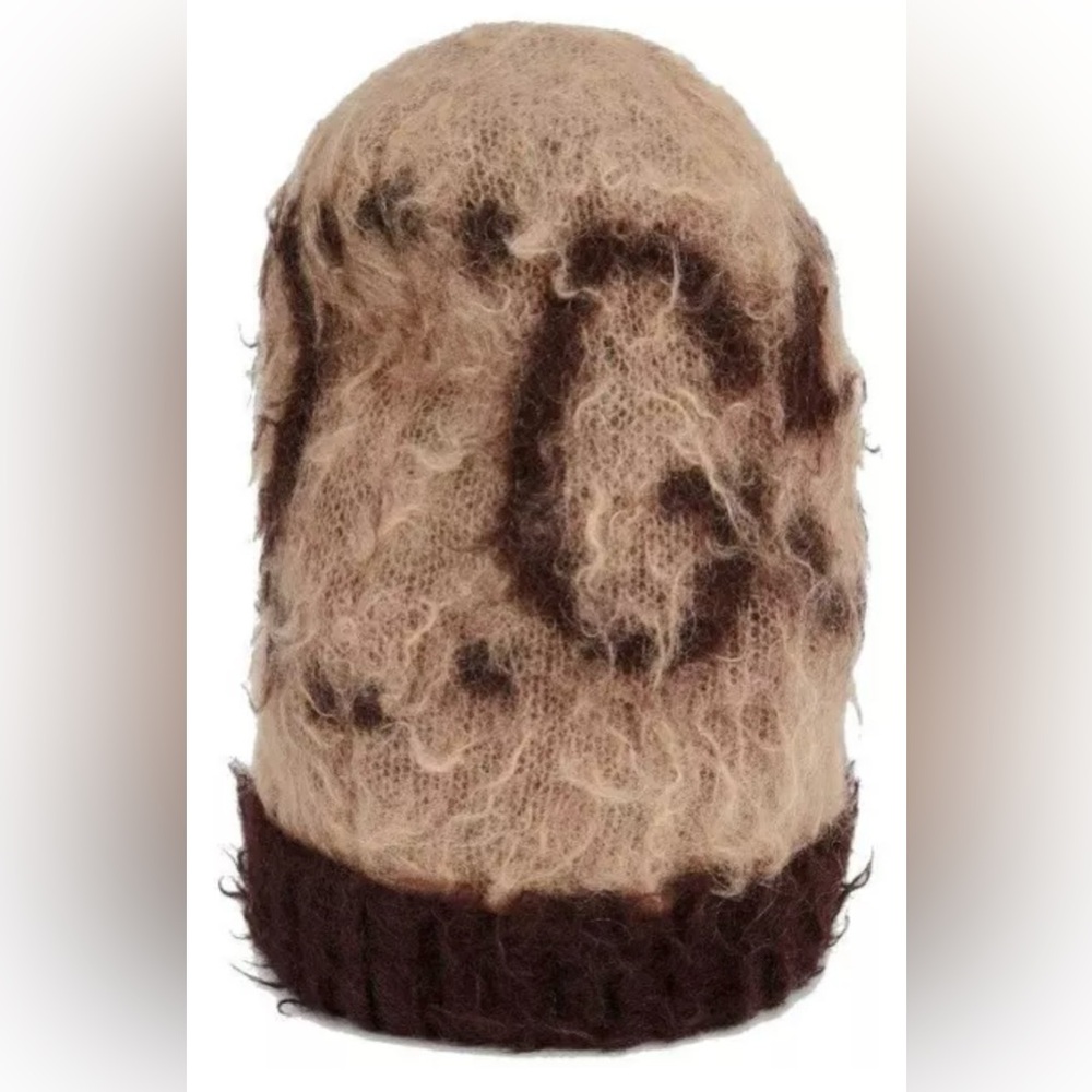 GUCCI CURRENT BEIGE BROWN GG PRINT SOFT MOHAIR WOOL BEANIE HAT 56/ S NWT - Picture 2 of 8